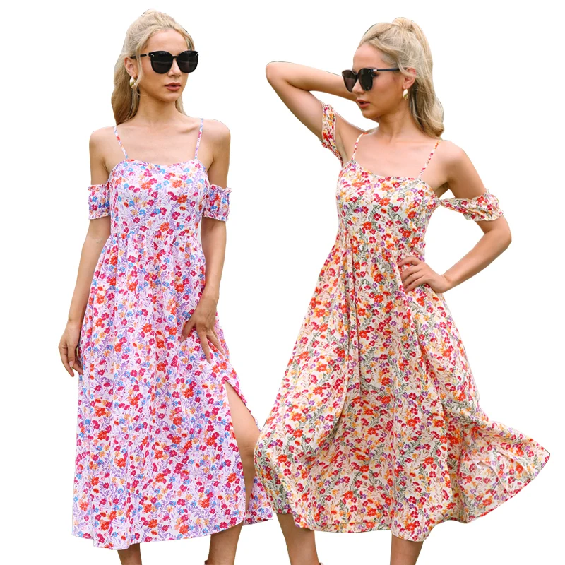 Wholesale sleeveless elegant casual dresses women summer midi print floral casual dresses