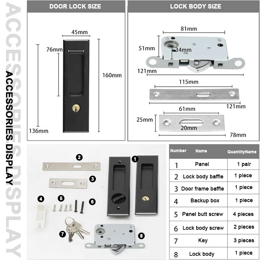 Zinc Alloy Recessed Door Handle Lock Invisible Bedroom Balcony Sliding Barn Doors Locks Hidden Pull Handle with Lock