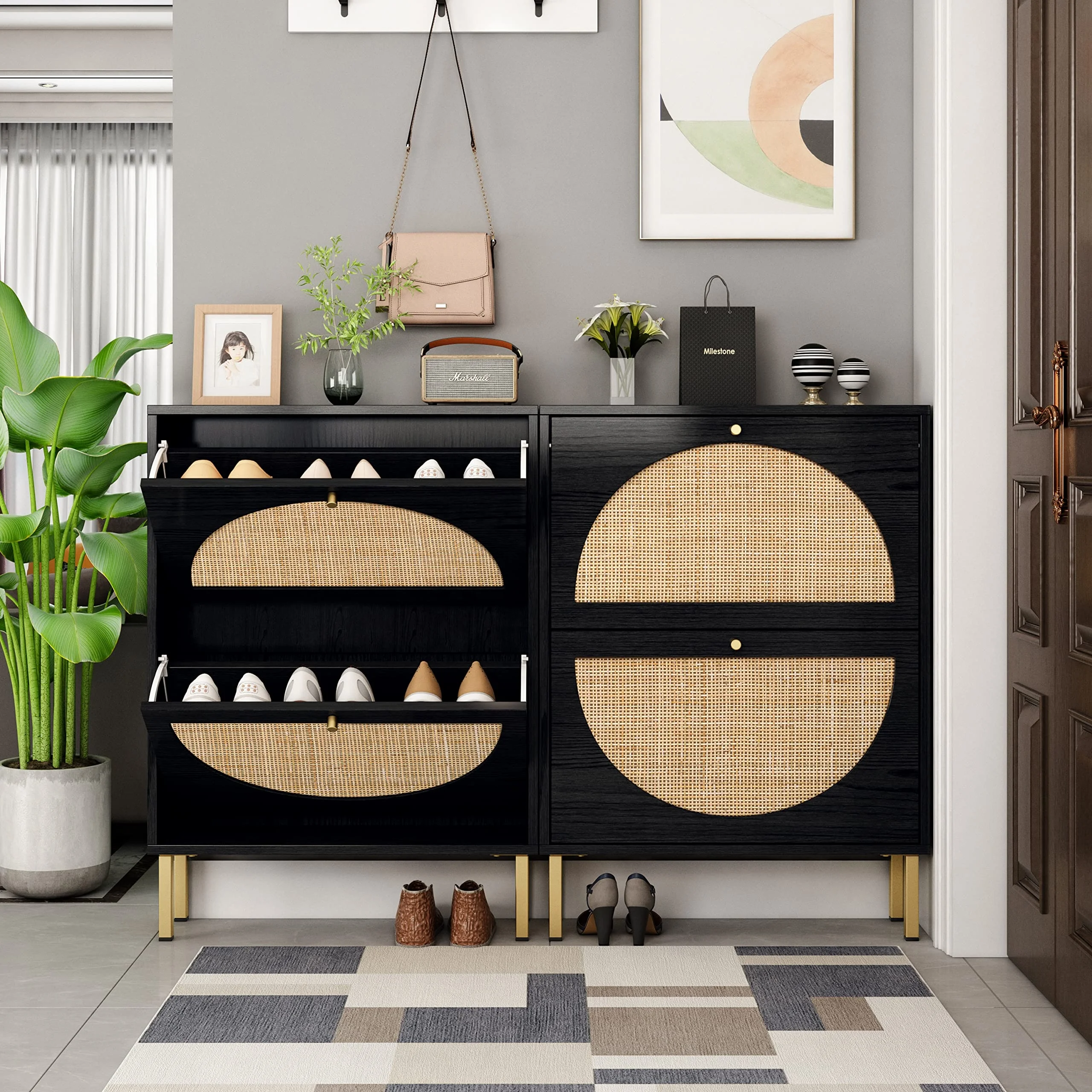 Luxury Wooden Shoe Rack Cabinet for Entryway Rattan Shoe Storage for Living Room or Warehouse Home Furniture