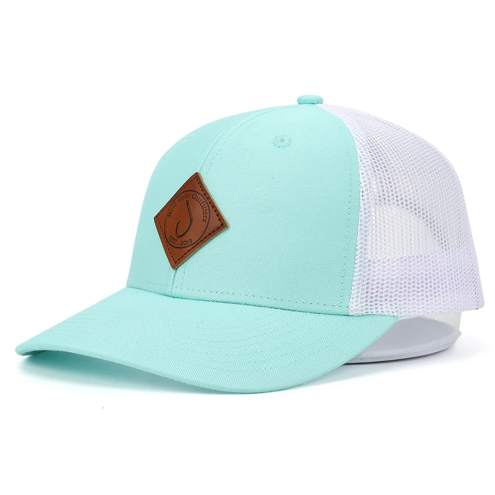 Customize Top Quality Sky Blue Back Polyester Inside Tag Trucker Hat Genuine Leather Brand Trucker Cap