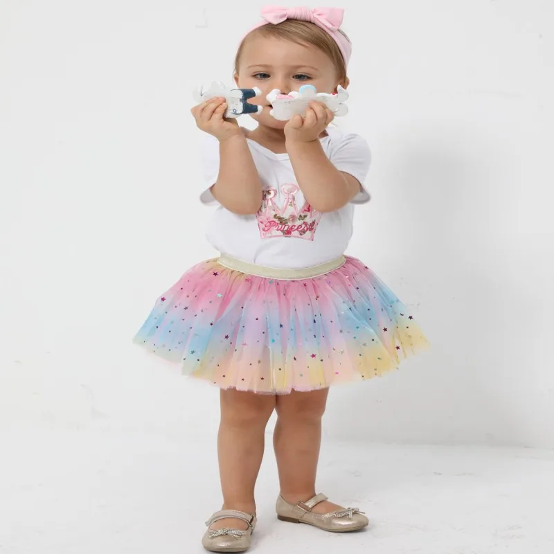 New Design Rainbow Color Princess Soft Dance Stars Sequined Mini Chiffon Tutu Skirts For Kids