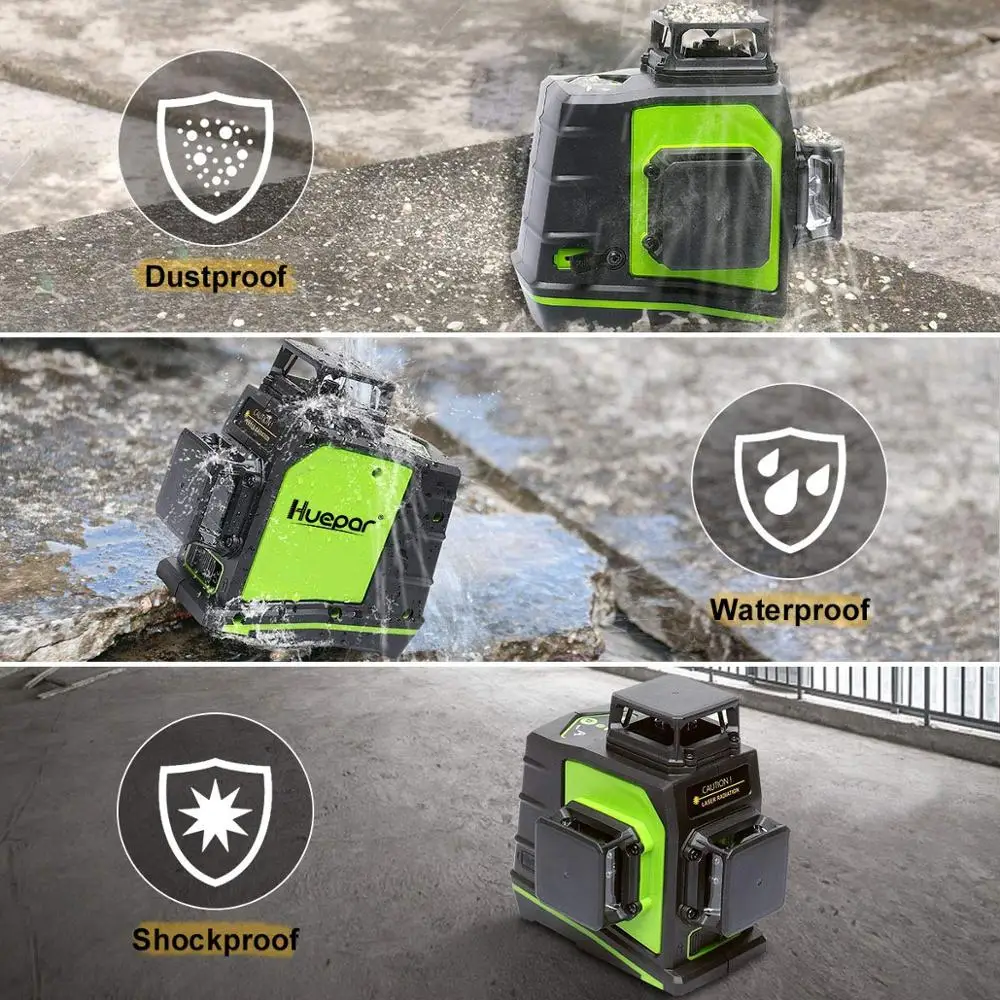 Pro Huepar OSRAM Rechargeable GF360G,Multi line Outdoor Pulse Mode,Green Beam 3D 12 Cross Line Rotary Land Nivel Laser Level