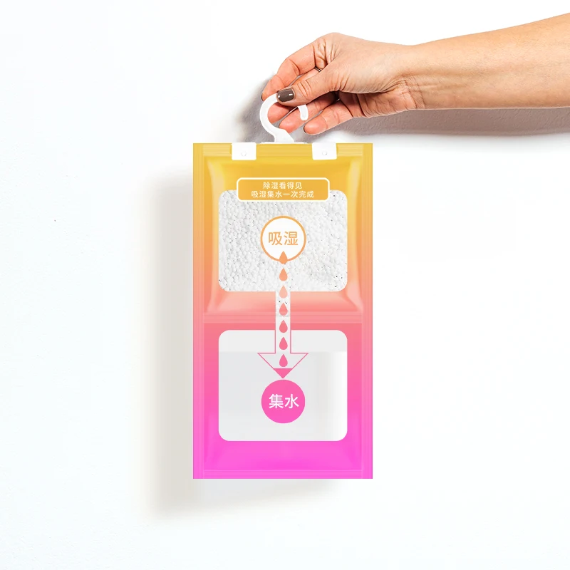 Moisture absorber and odor eliminator hanging bags wardrobe dehumidifier bag with hanger for easy use