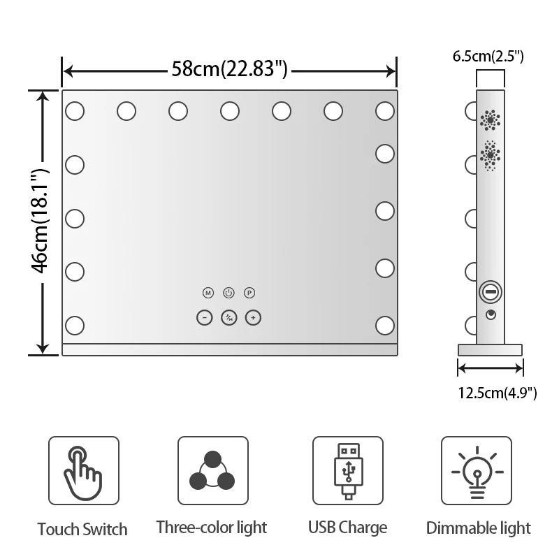 New Design Desktop Wireless Speaker Hollywood Vanity LED Light Square Makeup Mirror Glass Finish Touch Control Magnifying