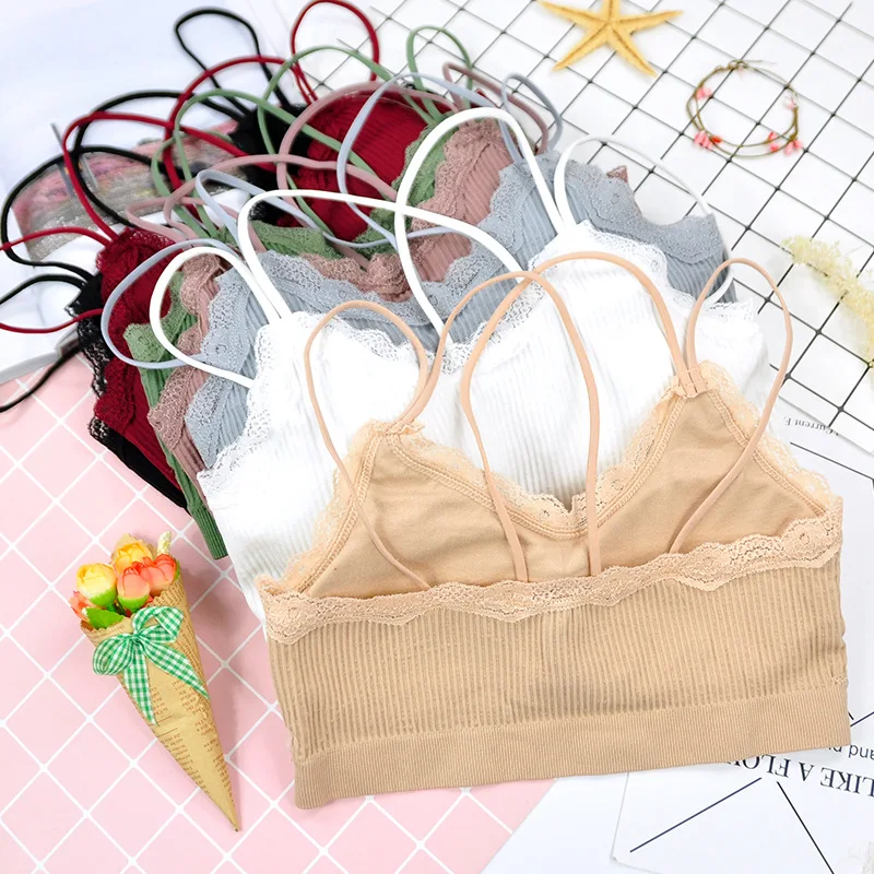 Seamless sexy lace ladies bra ribbed vest beauty back tube top sweet girl underwear