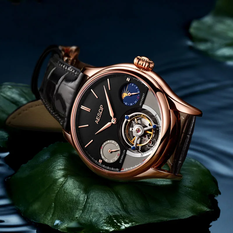 Best selling Multi functional original Gentuo flywheel movement fine steel black and white plate waterproof mechanical watch