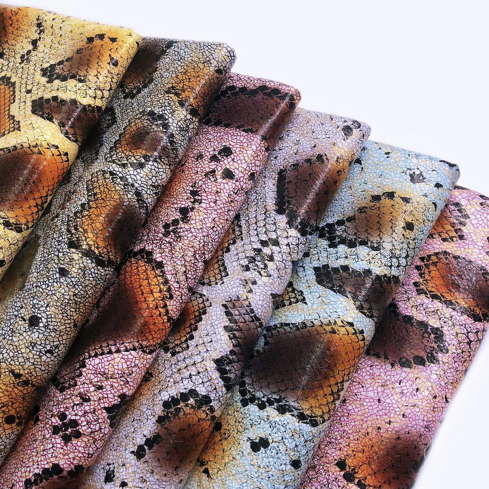 (FA-805)colorful crack Snake skin pattern transfer foil faux leather polyester backing fabric for bags shoes belt DIY crafts