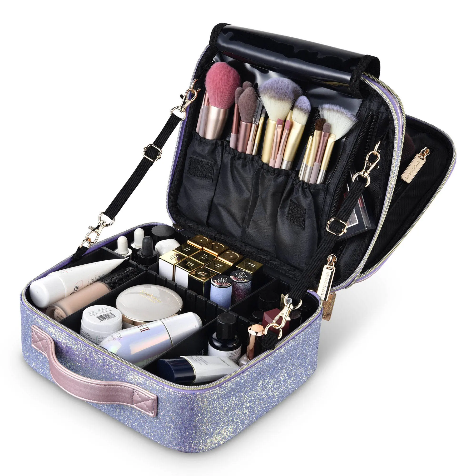 PVC Makeup Bag Cosmetic Bag Organizer Leather Bag with Compartment Travel with Adjustable Dividers PU OEM Fashion Shiny Open