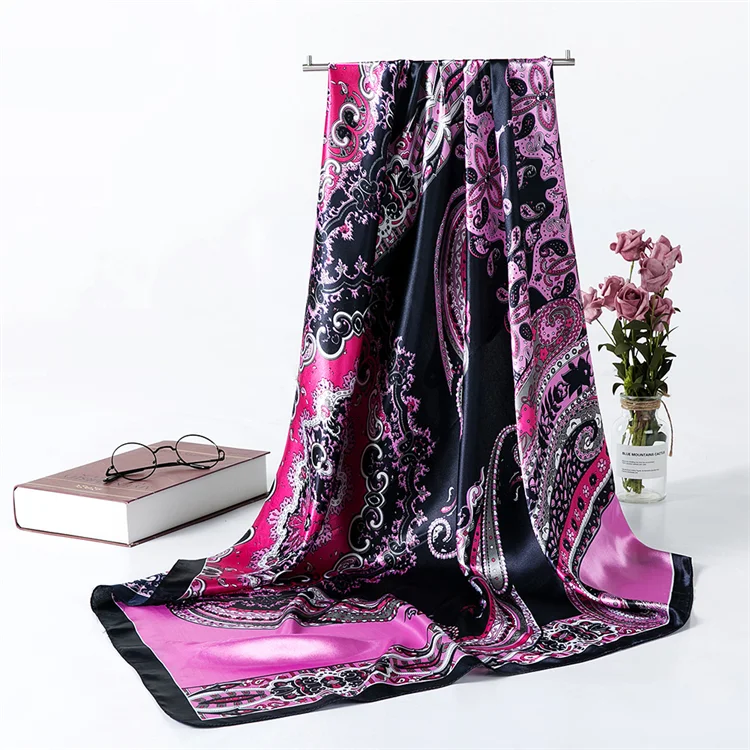 Spring Summer 90cm Neck Scarf Flowers Print Imitated Silk Shawl Hjiab Women Scarf Scarves