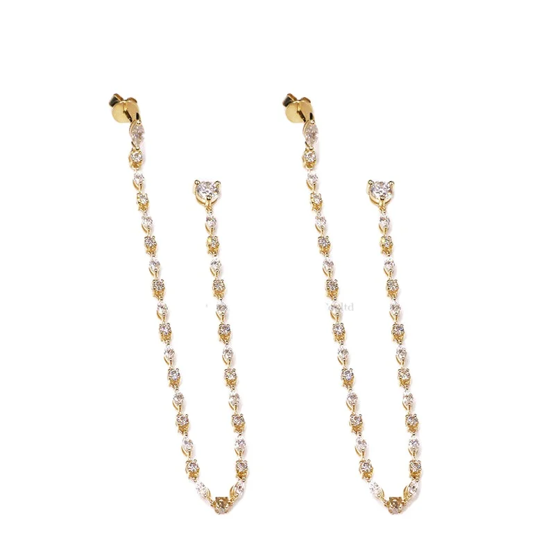 Tianyu Wholesale 14K/18K Solid Gold Drop Earrings Marquise& Round Cut Lab Diamond Long Chain Dangle Earrings