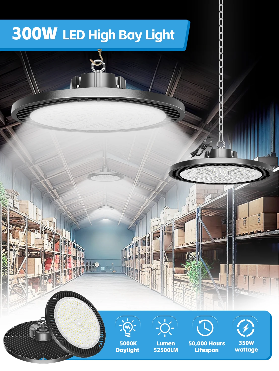 Промышленное освещение 300 Вт 200 150 100 светодиодное UFO High Bay коммерческое 100-277 В для склада