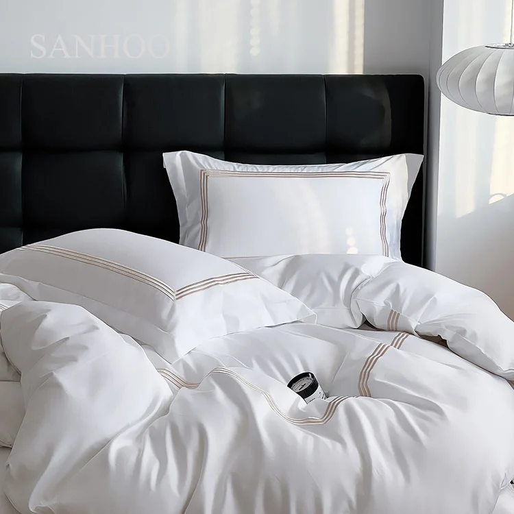 SANHOO Hotel Bedsheet White Embroidery 400 TC Percale Queen King Hotel Linen Bedding Set
