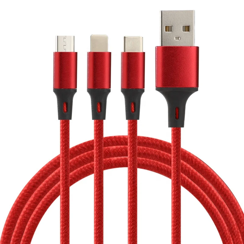 Factory OEM 3 in 1 Nylon Braided pass 2A micro usb type C phone charger cable for iphone samsung huawei usb cable