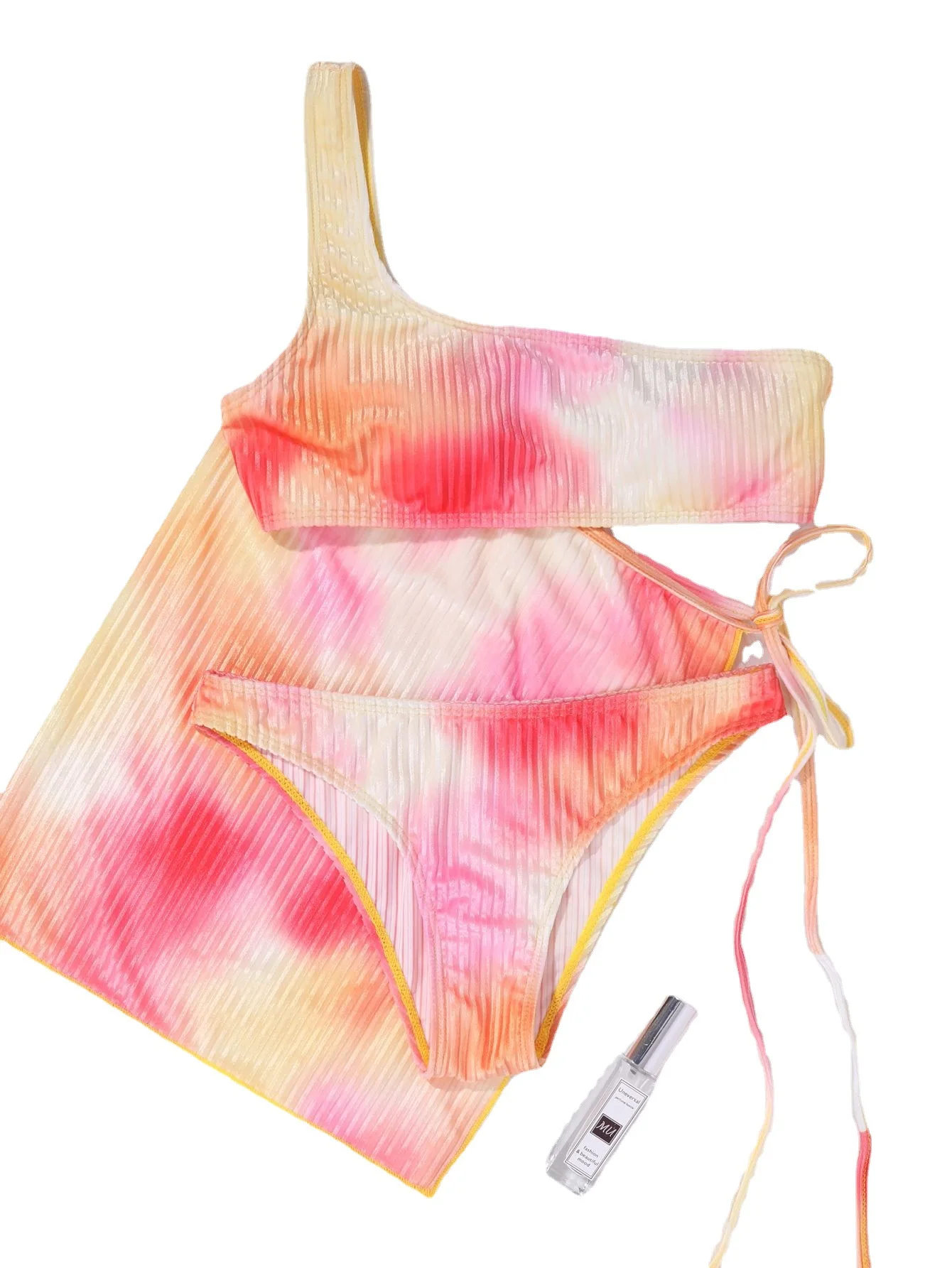 Wholesale Europe America Women Tie-dye Printed Ribbed Velvet One Shoulder Cover Up 3 Pieces Swimwear Set Sexy Bikini Bathe Suits