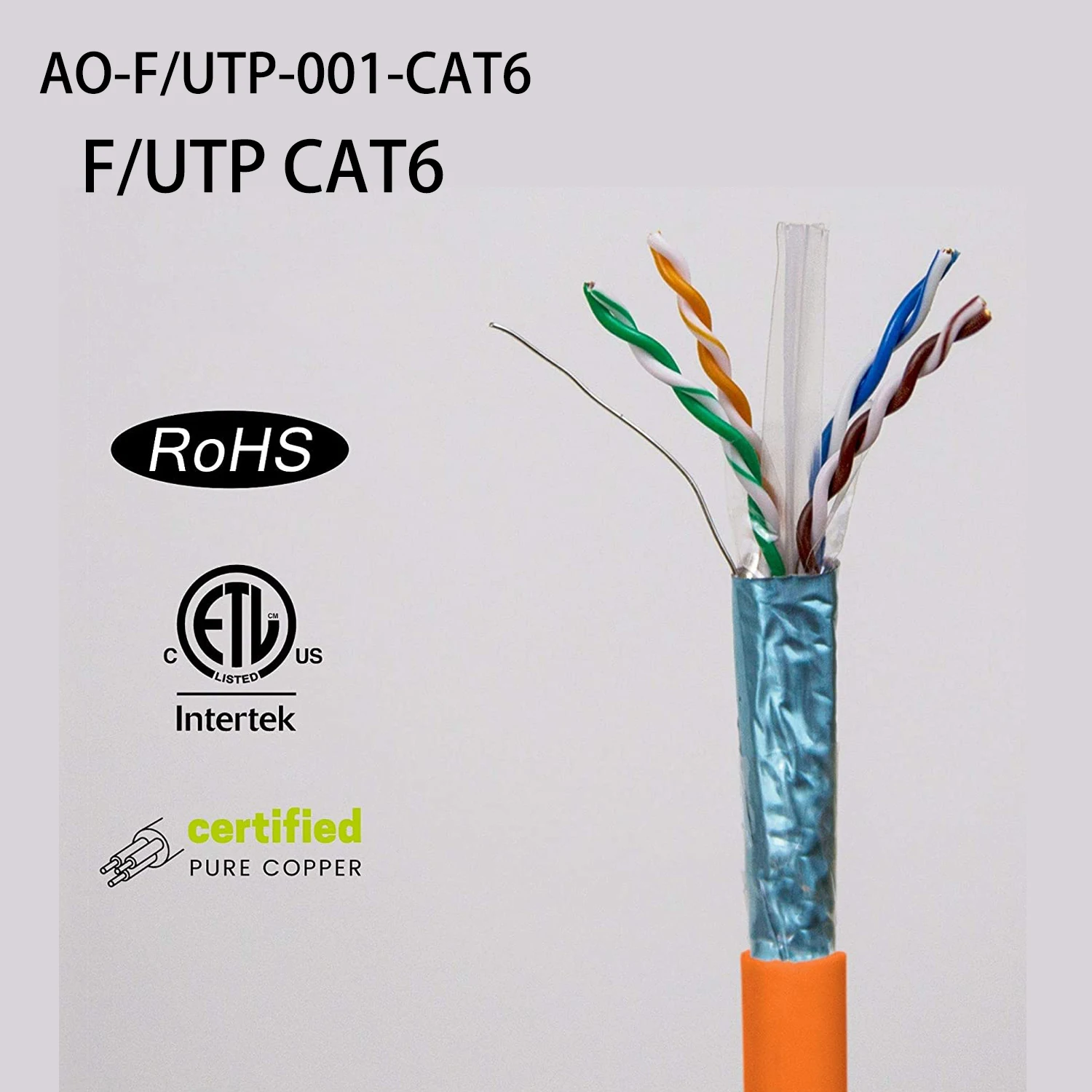 Cat6 Shielded Riser (CMR) Orange 23AWG Solid Bare Copper 550MHz PoE++ (4PPoE) ETL Listed  Overall Foil Shield (F/UTP)
