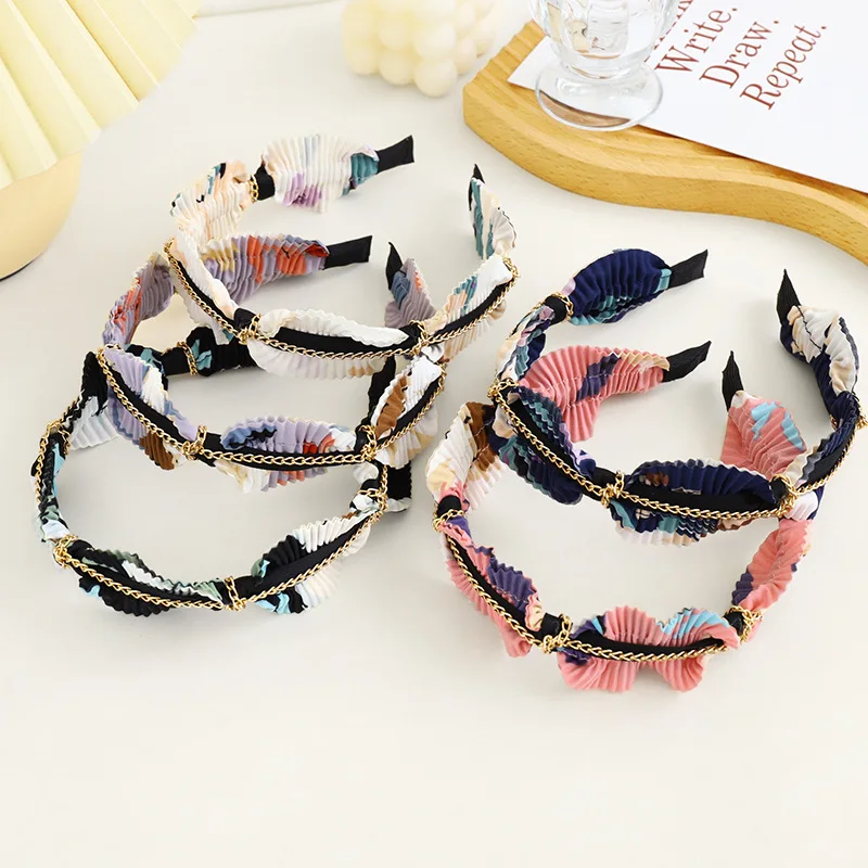 2022 Hot Sale Fashion Printed Folded New Hair Accessories Pleated Fabric Ladies Handmade Headbands for Women