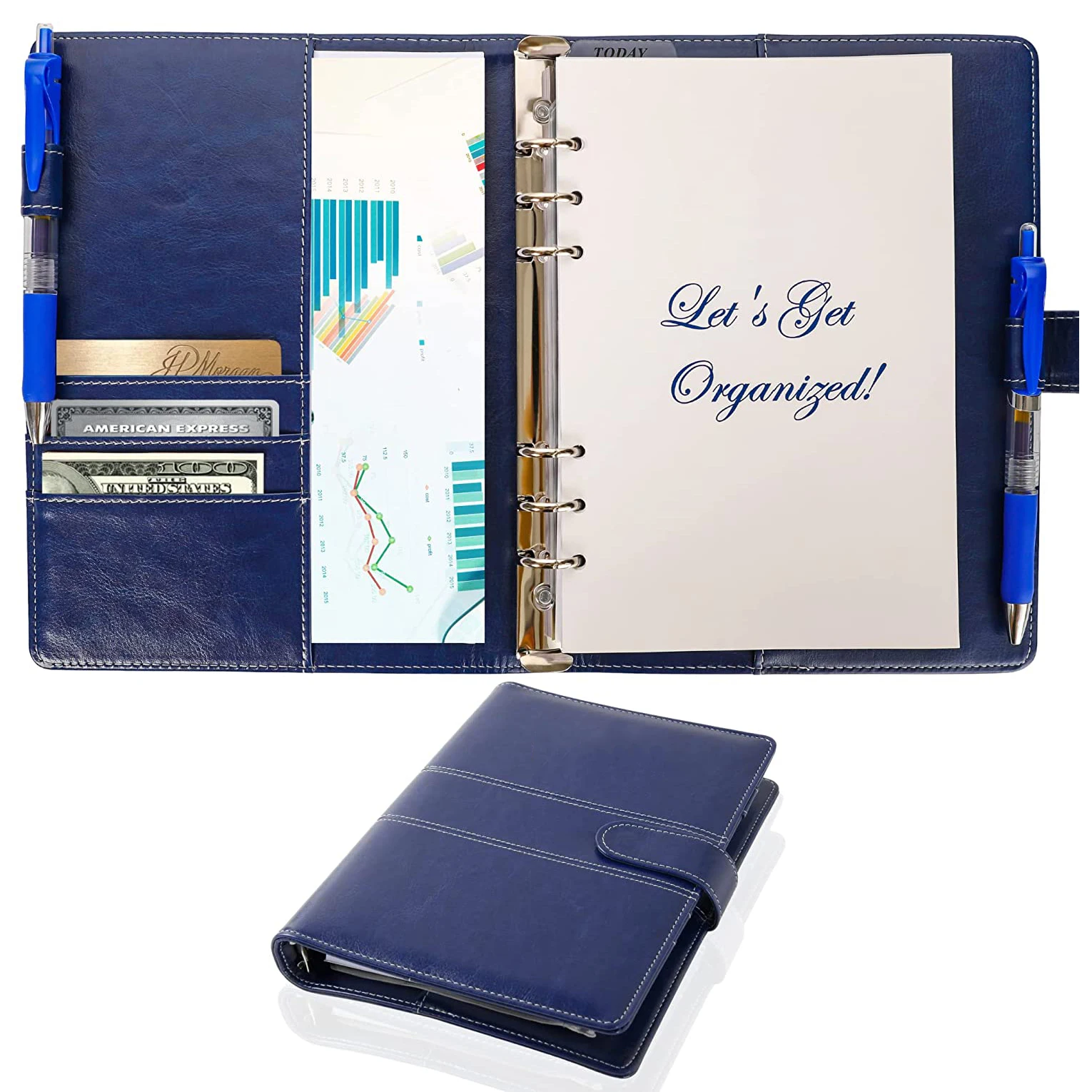 2021 Hot Sale Executive Vegan Leather File Folder with Notepad Holder 6 Ring Binder File Documents with Snap Closure