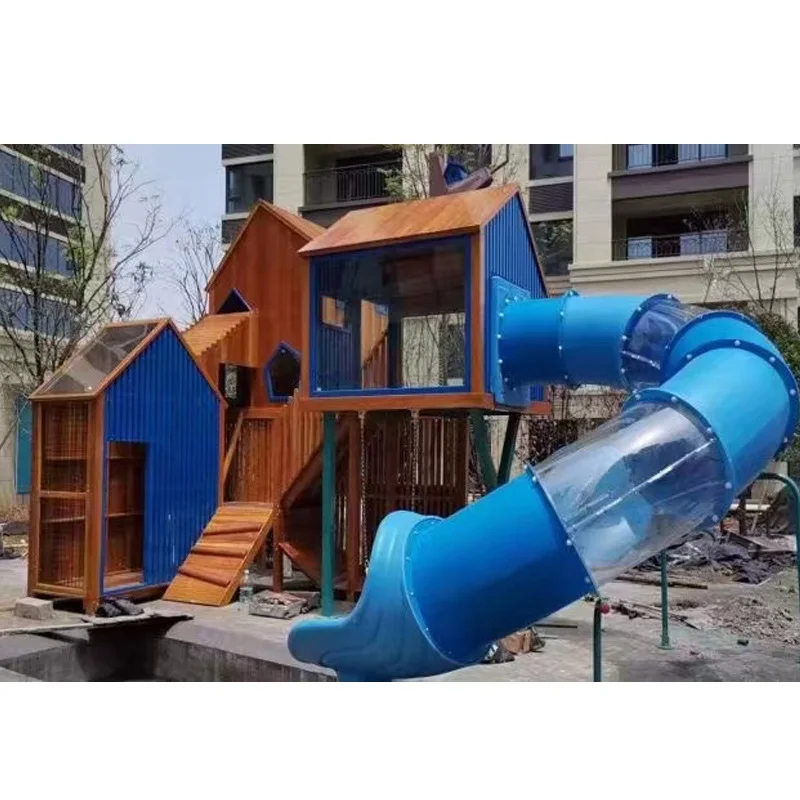 Plastic Slide and Wooden Kids  Houses Playhouse with outdoor playground Slide and Climbing swing Kids Wood Indoor  playground Sl
