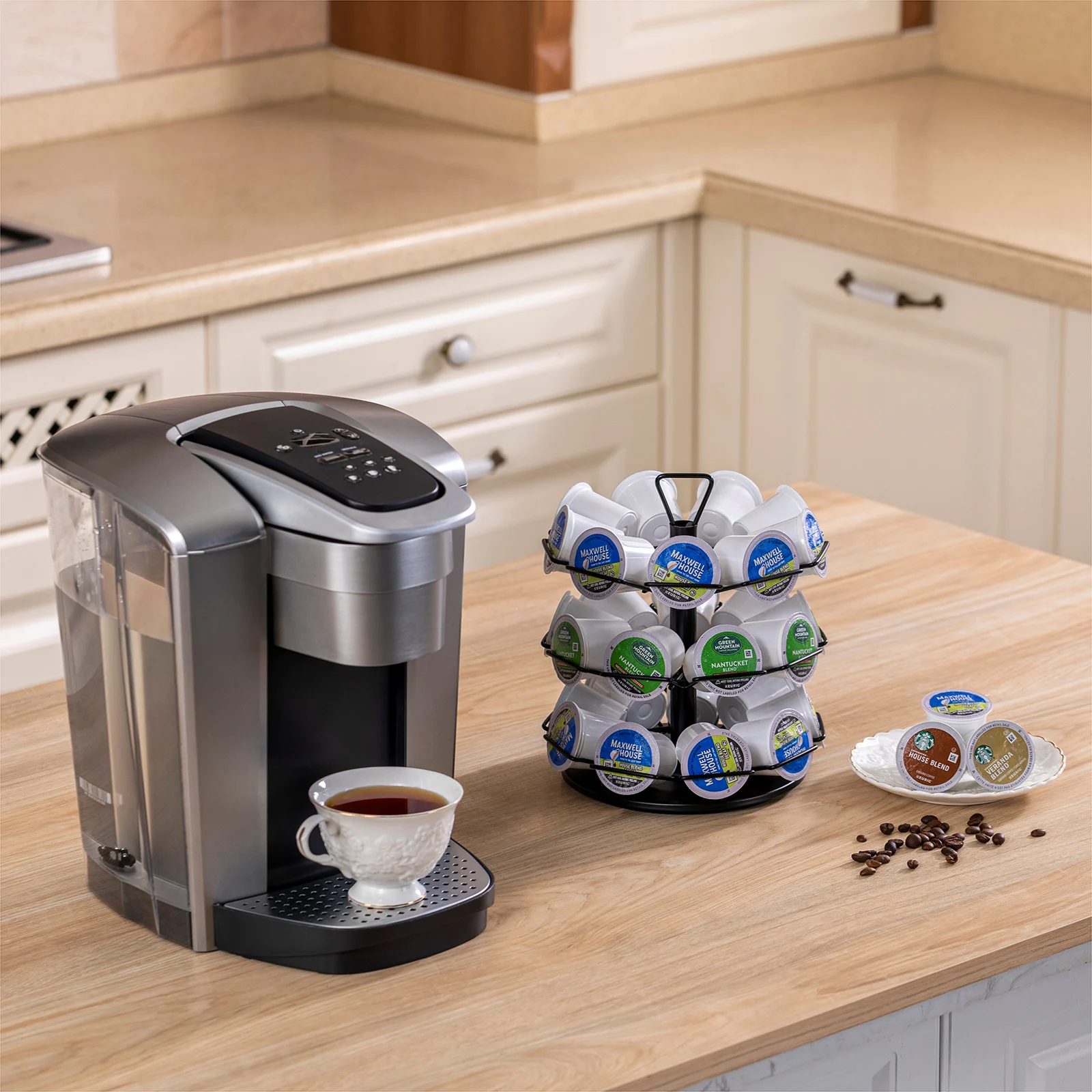 Modern 3-Tier Black Metal Coffee Pod Carousel Holder 360-Degree Spinning 27 Pods K-Cups Storage Rack for Kitchen Use Box Packed