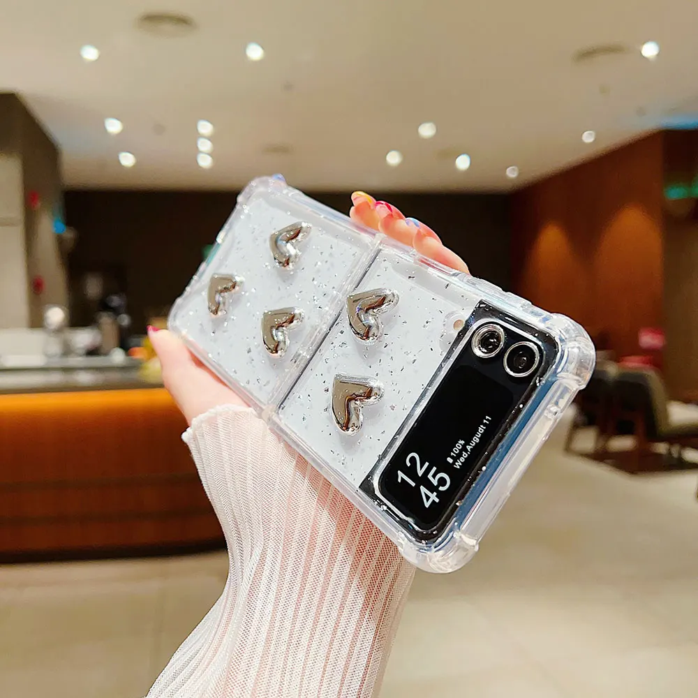 Laudtec SJK195 Electroplate Glitter Clear Love Heart Phone Case For Galaxy Z Flip5 Flip4 Flip3 5G Flip