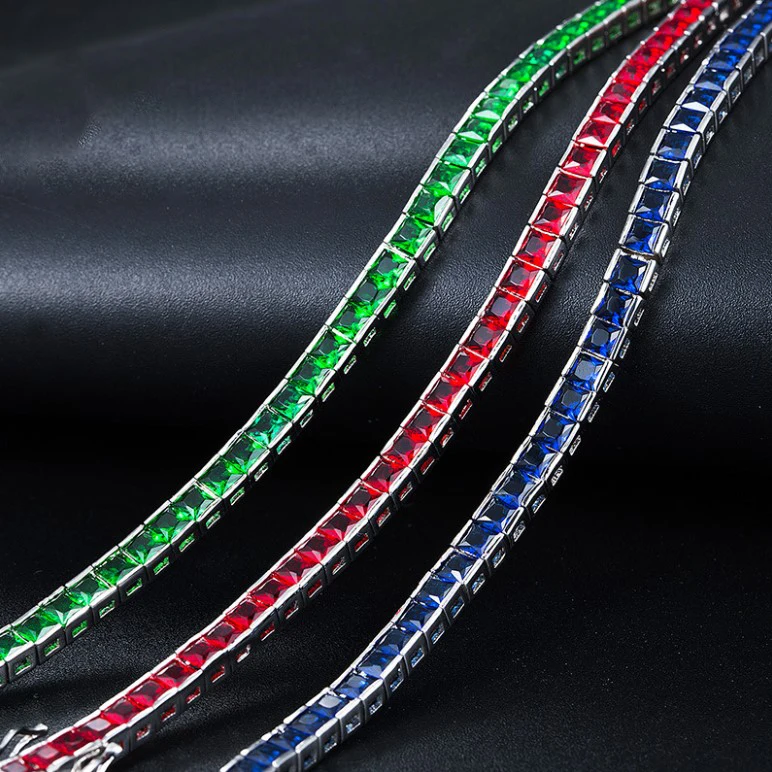 hot sale jewelry square zircon cubic green red blue ruby sapphire emerald CZ brass tennis bracelet