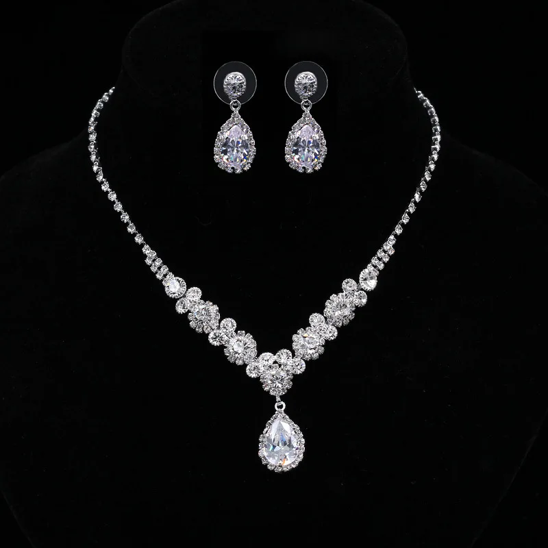 DAIHE Water Drop White Gold Round large crystal Stone Chain fine Jewelry 2pc earring set