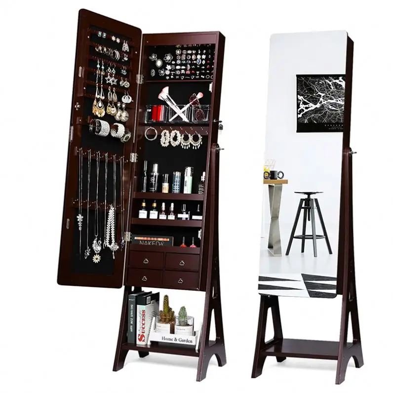 LED Jewelry Standingr Household Mirrored  Furniture White Vertical Jewelry Cabinet