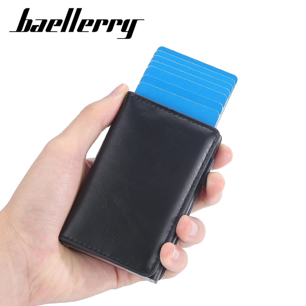 Baellerry Automatic Pop Up Leather Aluminum Card Case Small Mini Money Clip Cards Holder RFID Aluminium Purses Wallets