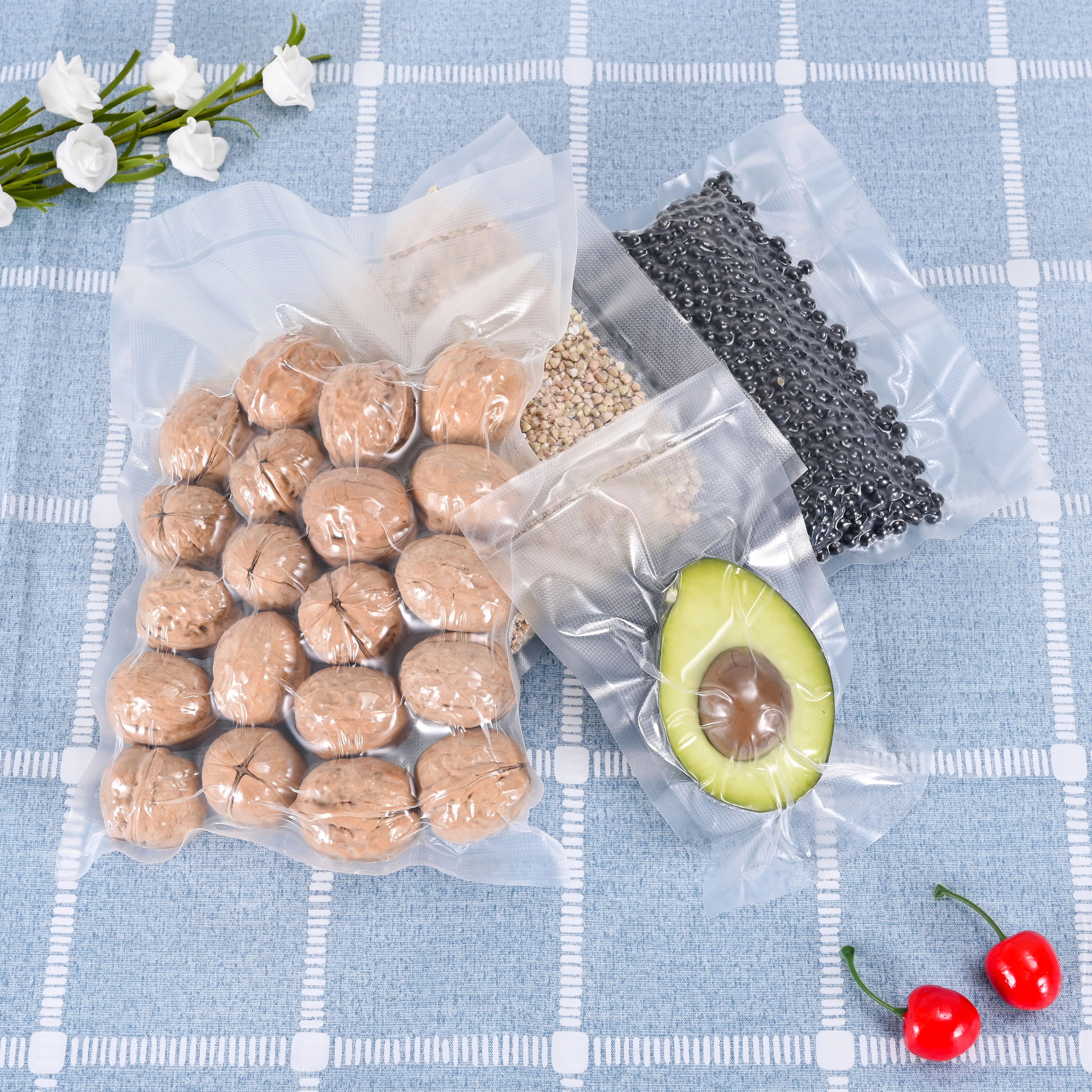 OEM YLQ пищевой хранения замороженных продуктов для хранения герметичные композитные упаковочные пластиковые рельефные Чехлы вакуумный 3 бортовой мешок уплотнения