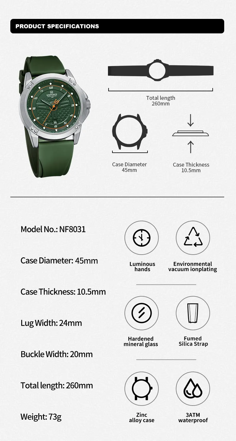 NAVIFORCE 8031 SGNGN Sport Quartz watch for men Silicone strap 3 ATM waterproof with Date Alloy Case wristwatch Gift
