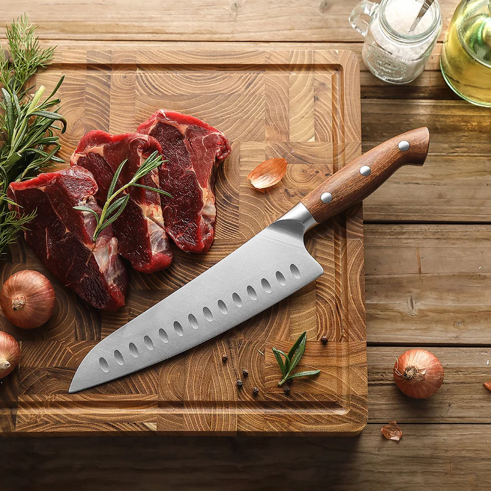 HEZHEN New High Quality Granton Edge Chef Knife German Stainless Steel Red Wood Handle Handmade Santoku Knives