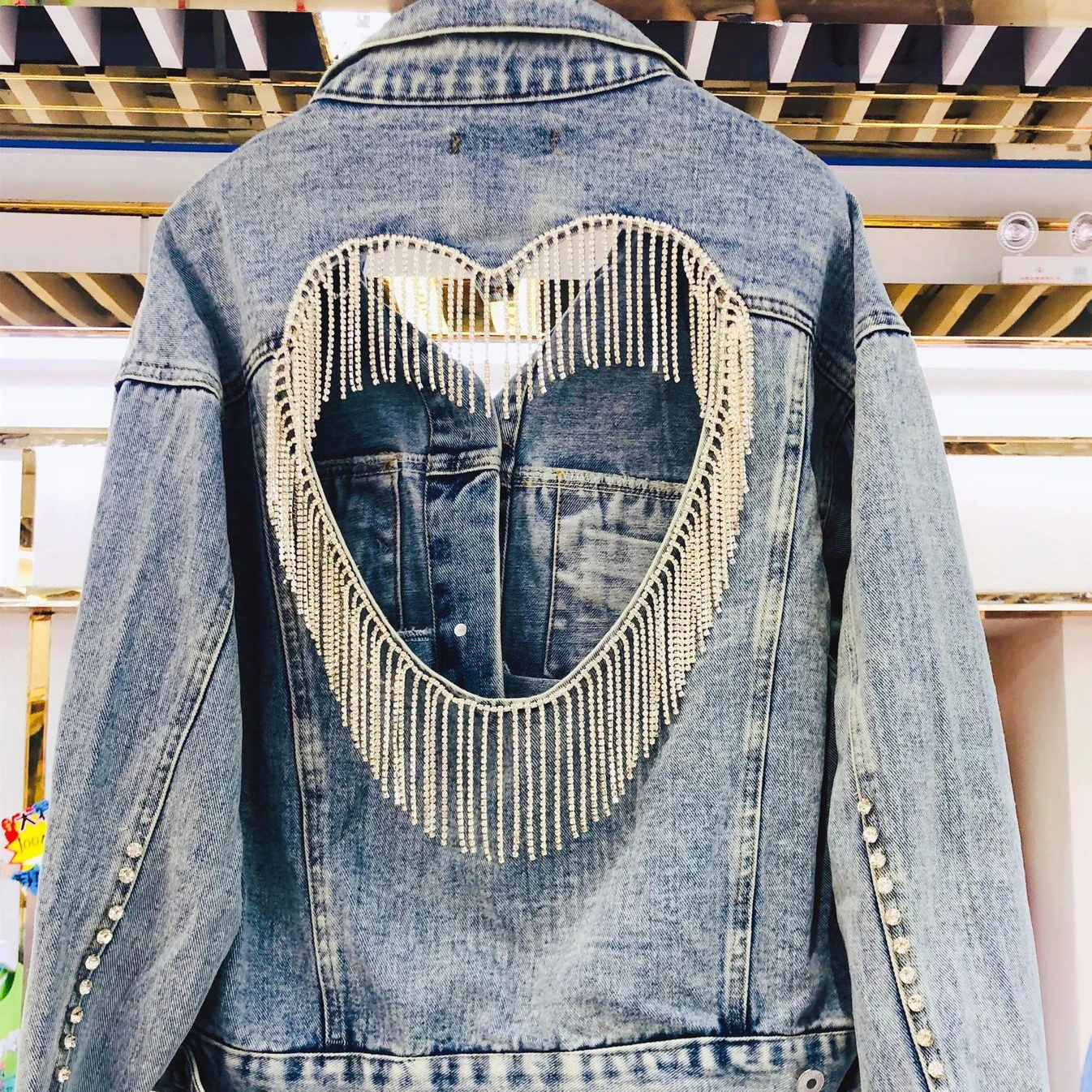 Autumn Winter Casual Women Heart Shaped Tassel Jean Coat Long Sleeves Pocket Turn-down Collar Diamond Denim Jacket For Women