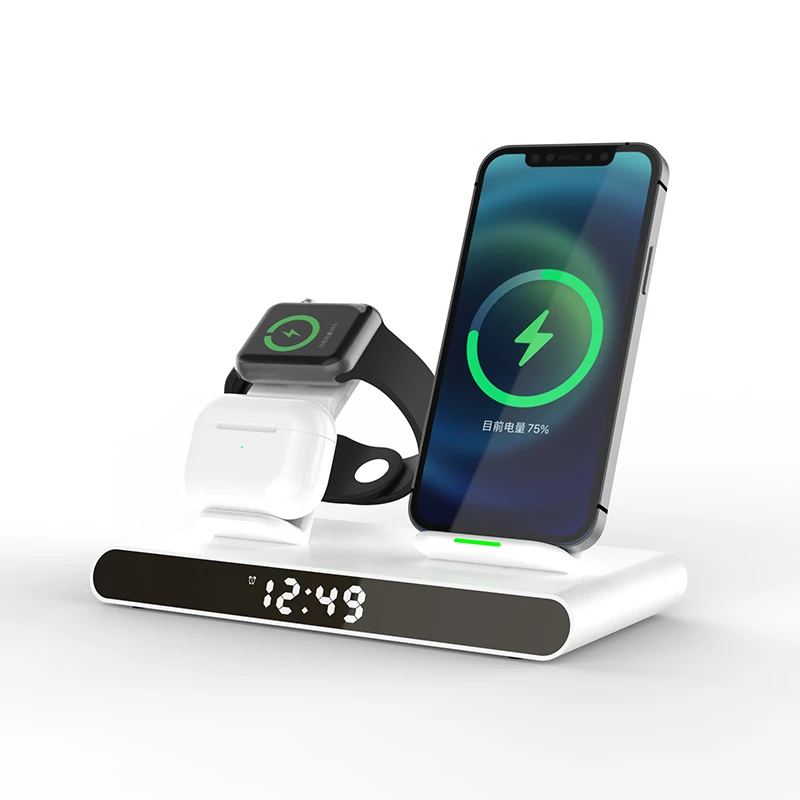 2022 New Designed  Clock Led Display Qi 15W 3 In 1 Wireless Charger For Apple