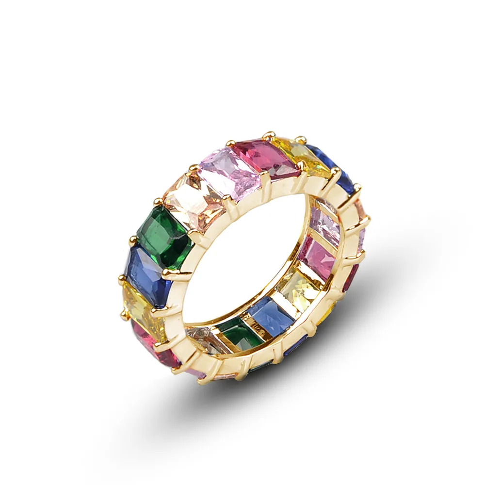 Colorful Cubic Zirconia cz Eternity Band Ring Gold Filled Fashion Jewelry Rainbow Square Baguette CZ Engagement Ring for Women