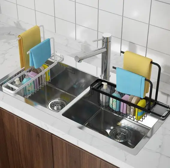 New Expandable Telescopic Sink Storage Drain Rack Kitchen Rack Sink Organizer Basket Sponge Holder with Dish Dishcloth Rack