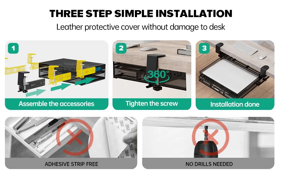 GUDTEKE Mesh Desk Organizer and Clamp-on Swivel Pencil Drawer Desk Hidden Desk Organizer Extra Sturdy C-Clamp Mount System