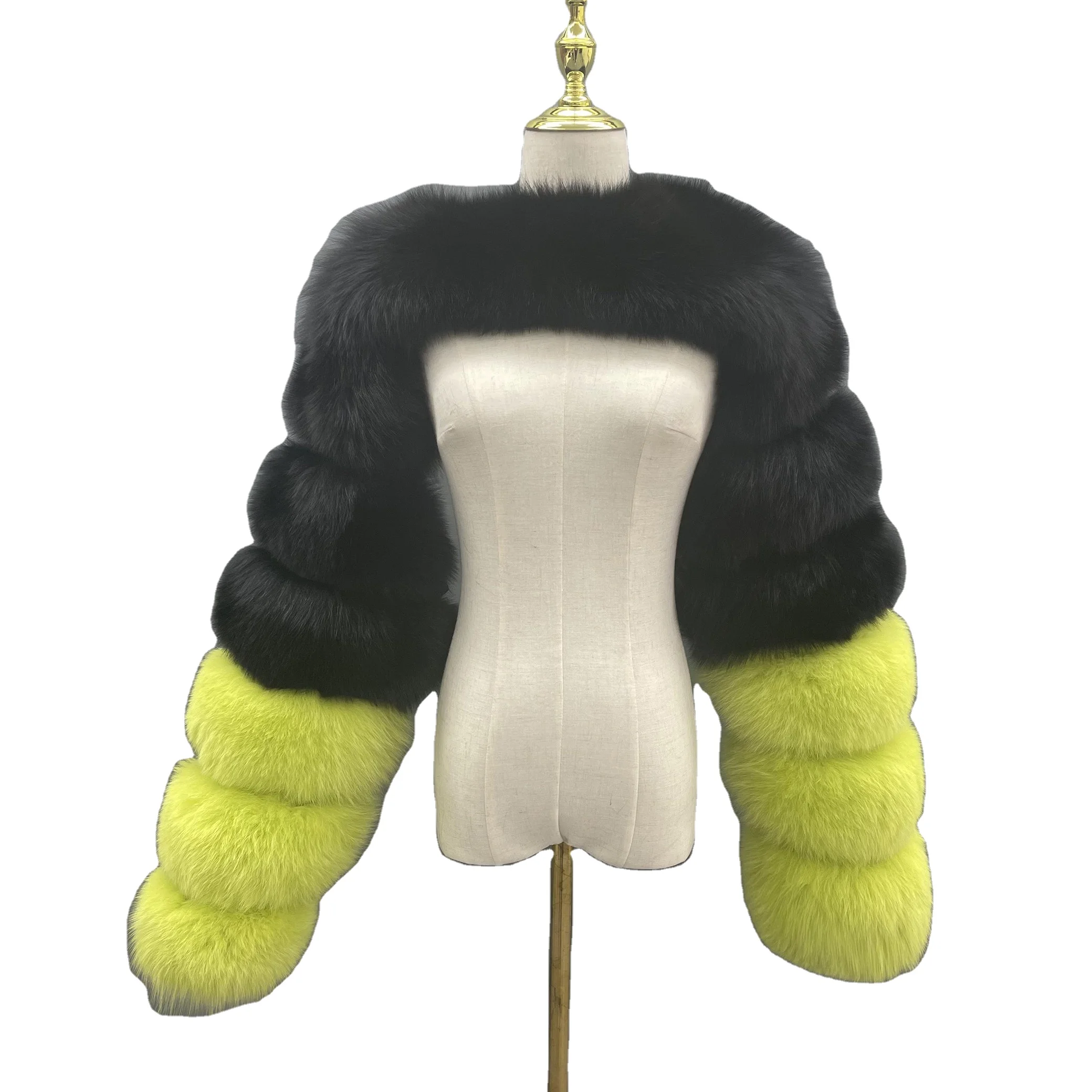 Janefur Hot Sale In USA Women Winter New Fashion Black Short Fur Coat Natural Fur Real Fox Two Fur Sleeves