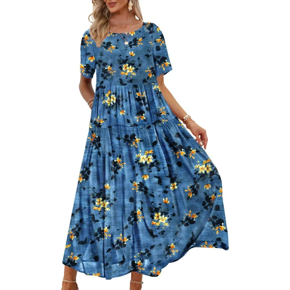 Plus Size Elegant dresses for Women Casual Summer Dress Boho Crew Neck Short Sleeve Babydoll Floral Print Flowy Beach Dresses