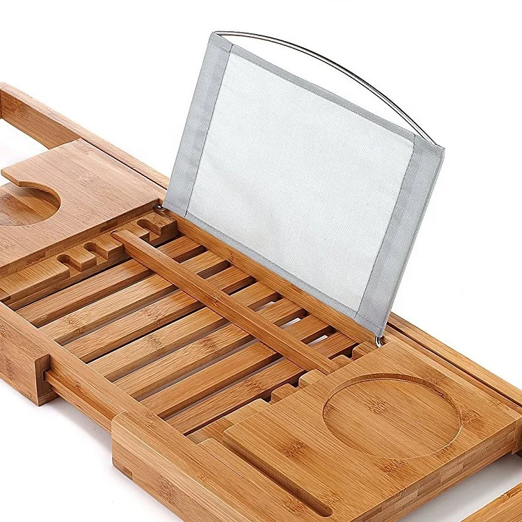 Adjustable Two-Piece Bamboo Bath Organizer Tray Bathroom Bathtub Table Caddy with Book Tablet Wine Glass Cup & Towel Holder