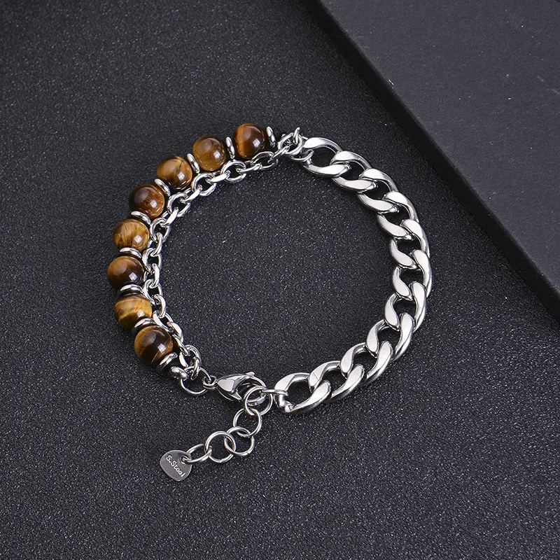 2022 New Latest 8 mm Natural Stone Lava Rock Tiger Eye and Stainless Steel Link Chain Two Layered Men Bracelet