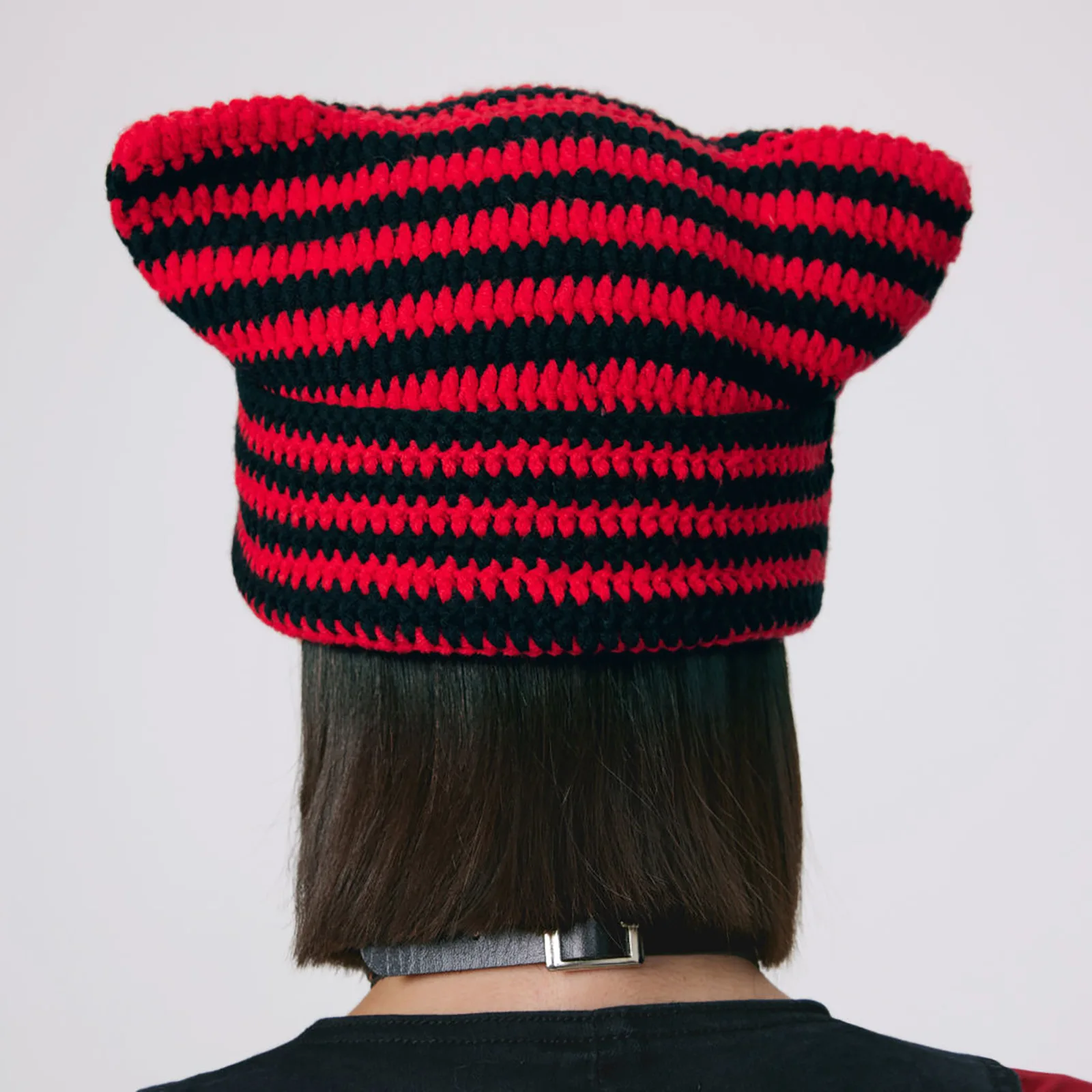 New Model Adult Pure Hand-knitted Pullover Beanie Personalized Thermal Striped Knitted Cat Ear Hat