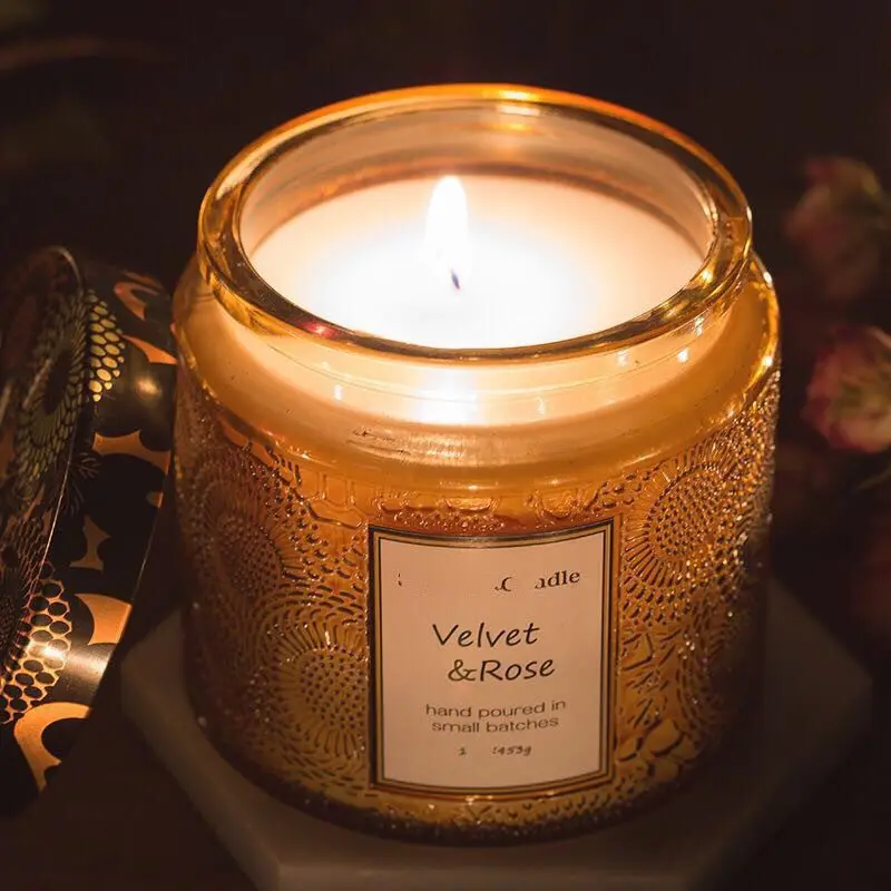 European Style Embossed Candle Jar Glass Empty Candle Vessels With Lid