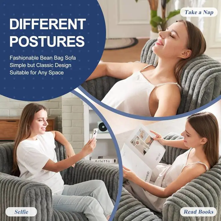 Modular Living Room Foam Loveseat Plush Comfy Two-seat BeanBag Chair Adults Large Fluffy Bean Bag Chairs with Armrest