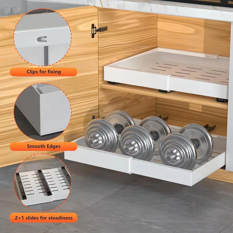 Large Capacity Expandable Pull Out Organizer Drawer Slide Out Kitchen Metal Cabinet Organizer Storage Punch-free Drawer