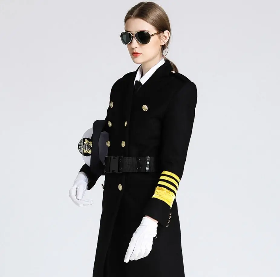 Uperior Quality Fashion Long Classical Black Airline Stewardess Pilot Uniform Coat  Real Fur Coat Women Wool Coat For Ladies