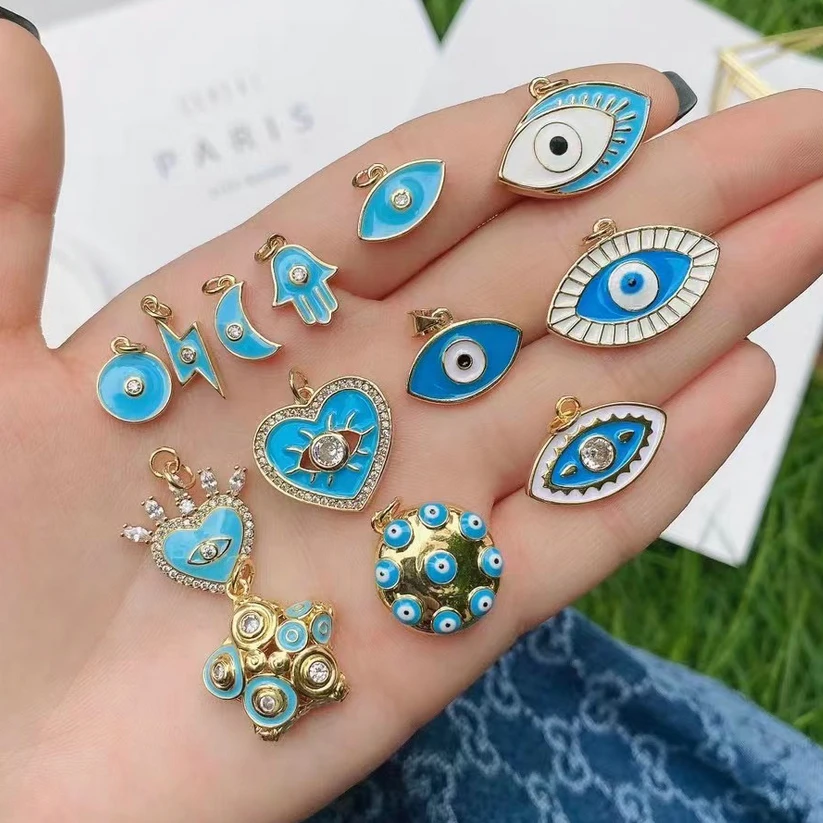 Blue/White/Black/Red Enamel Charms Round Eye Hamsa Hand Evil-Eye Heart Pendant Halloween Beads for Jewelry Making