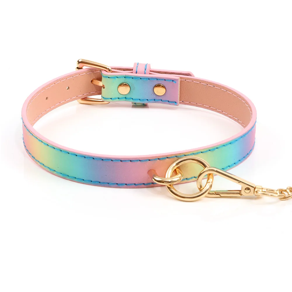 Bdsm Rainbow leather Bondage Sex Collar Traction Rope Chain Leash Adult Game Dog chain punish Neck Collar