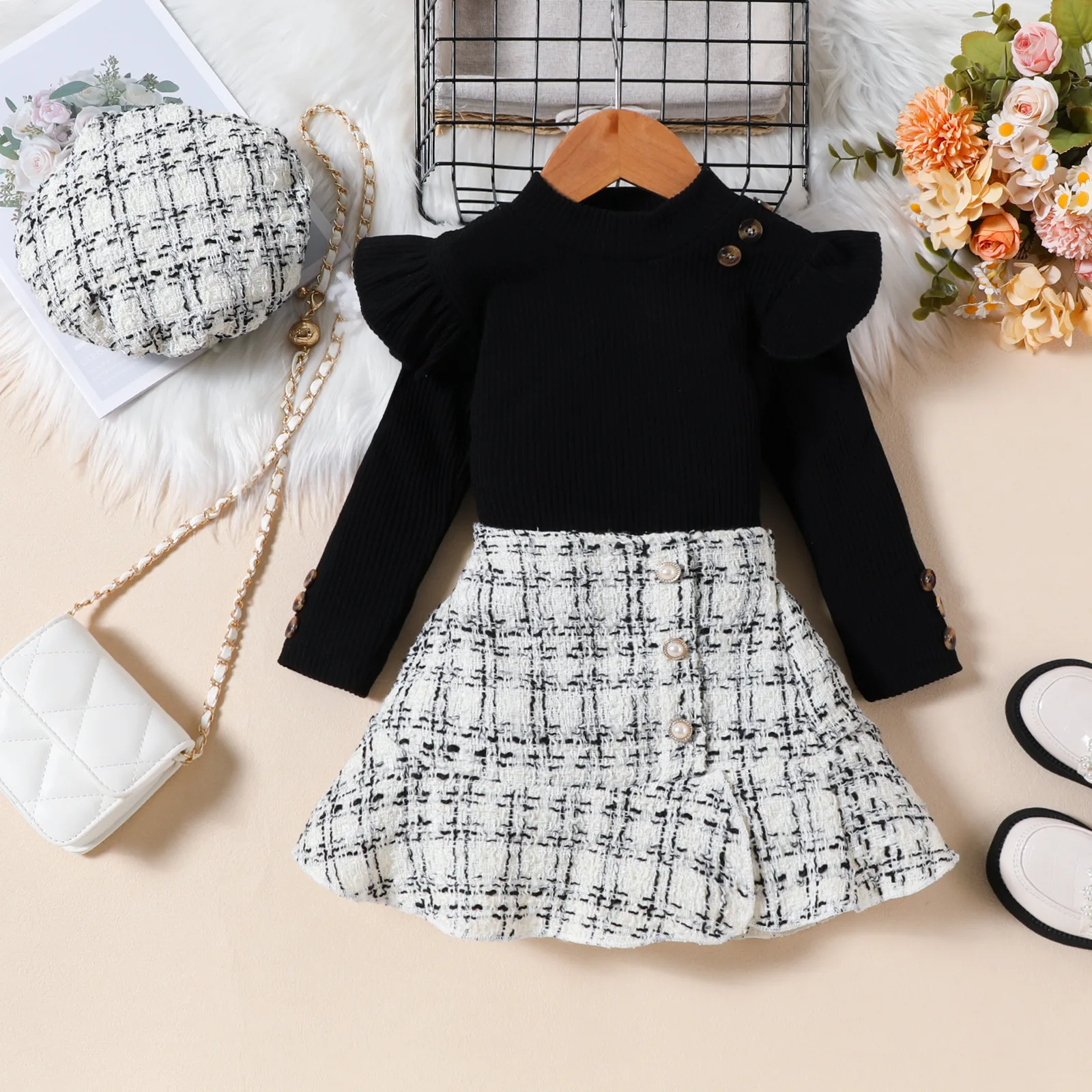 Qingli ODM Custom Factory European Fashion Baby Girl Winter Cotton Clothes Set Casual Pink Plaid Skirt and Top for Children