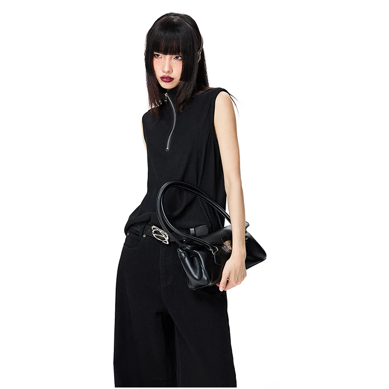 customized Your logo High Quality designer fashion front Zipper  Cotton Top Ribbed Knit Womens black Sleeveless vest