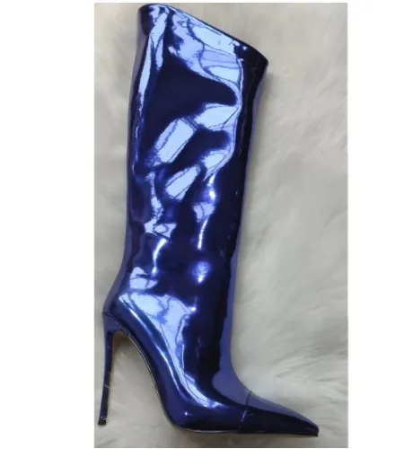 New Fashion Design Fall Stiletto Patent Leather Silver Gold Women Boots Side Zipper Thigh Tall Boots